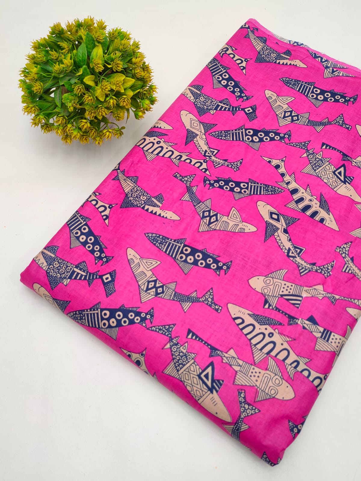 Pink Fish Motif Screen Print Pure Cotton Fabric From Tulsi Prints