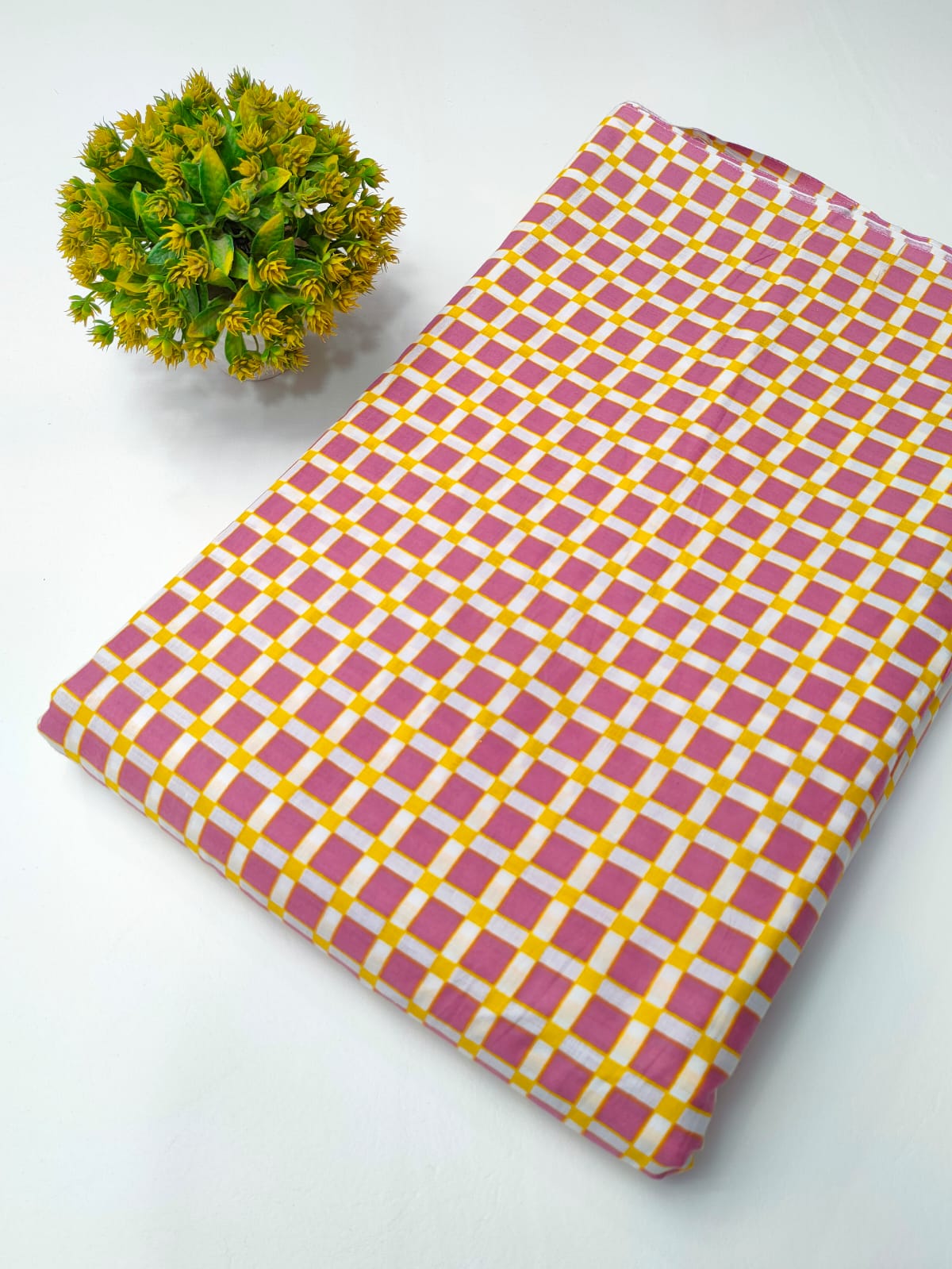 Pink and White Checkered Screen Print Pure Cotton Fabric From Tulsi Prints
