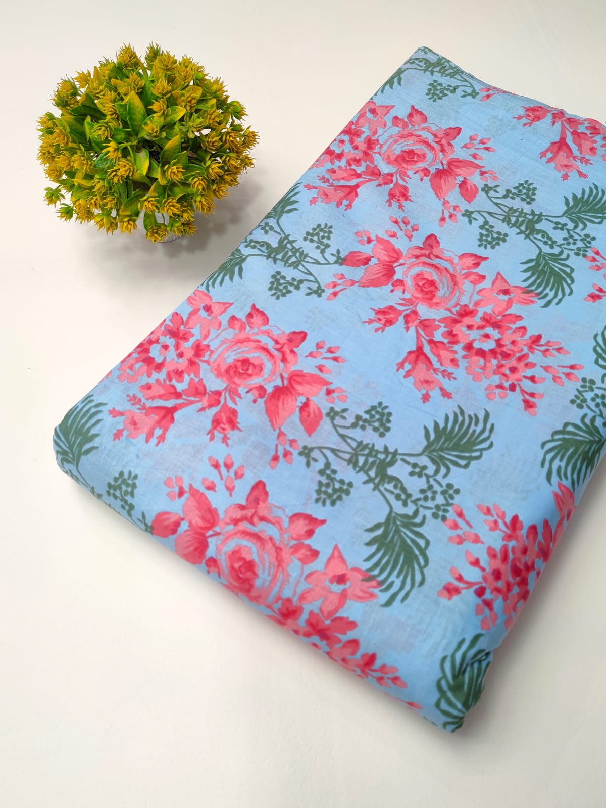 Sky Blue Floral Screen Print Pure Cotton Fabric From Tulsi Prints