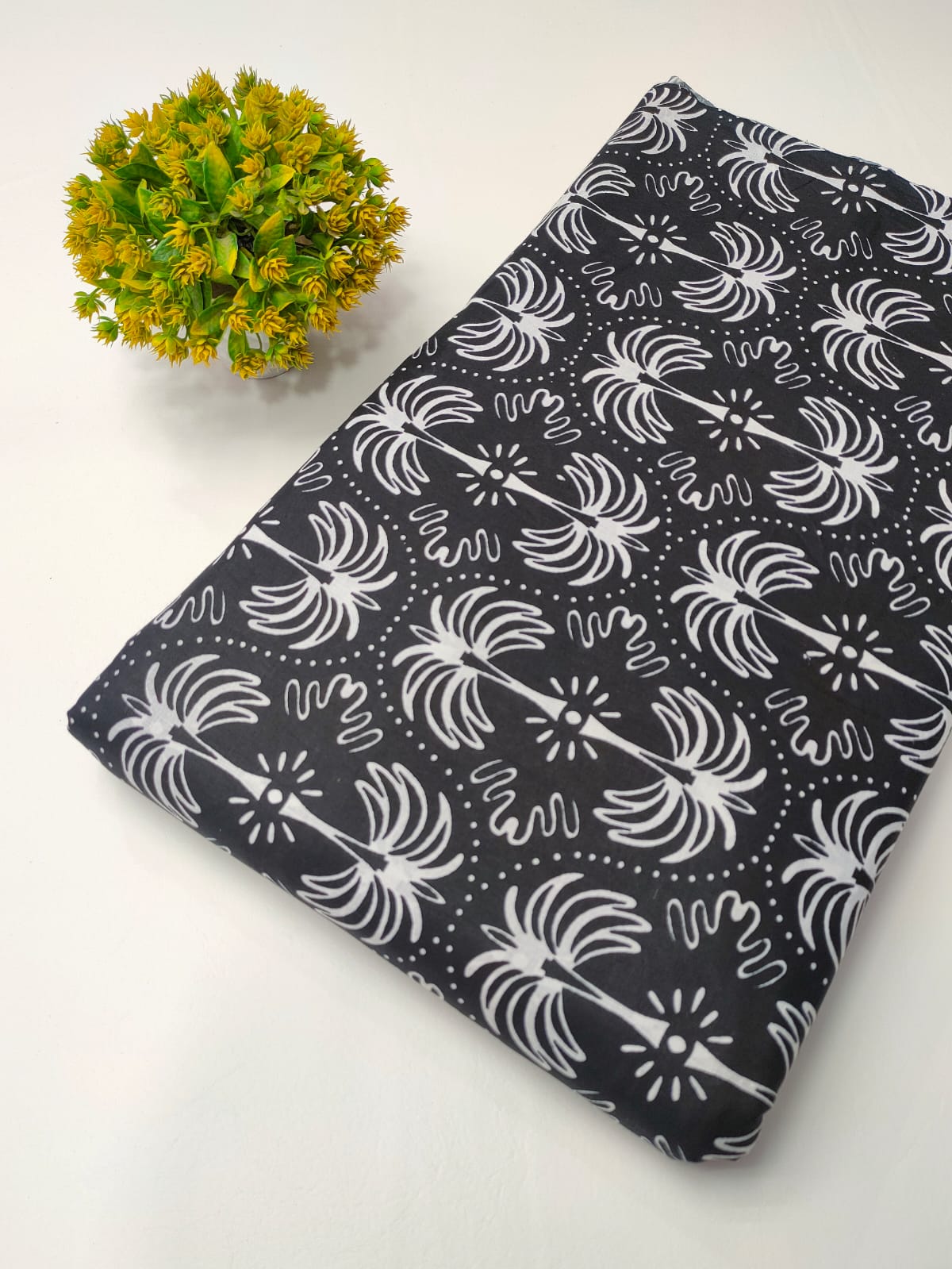 Black Botanical Screen Print Pure Cotton Fabric From Tulsi Prints
