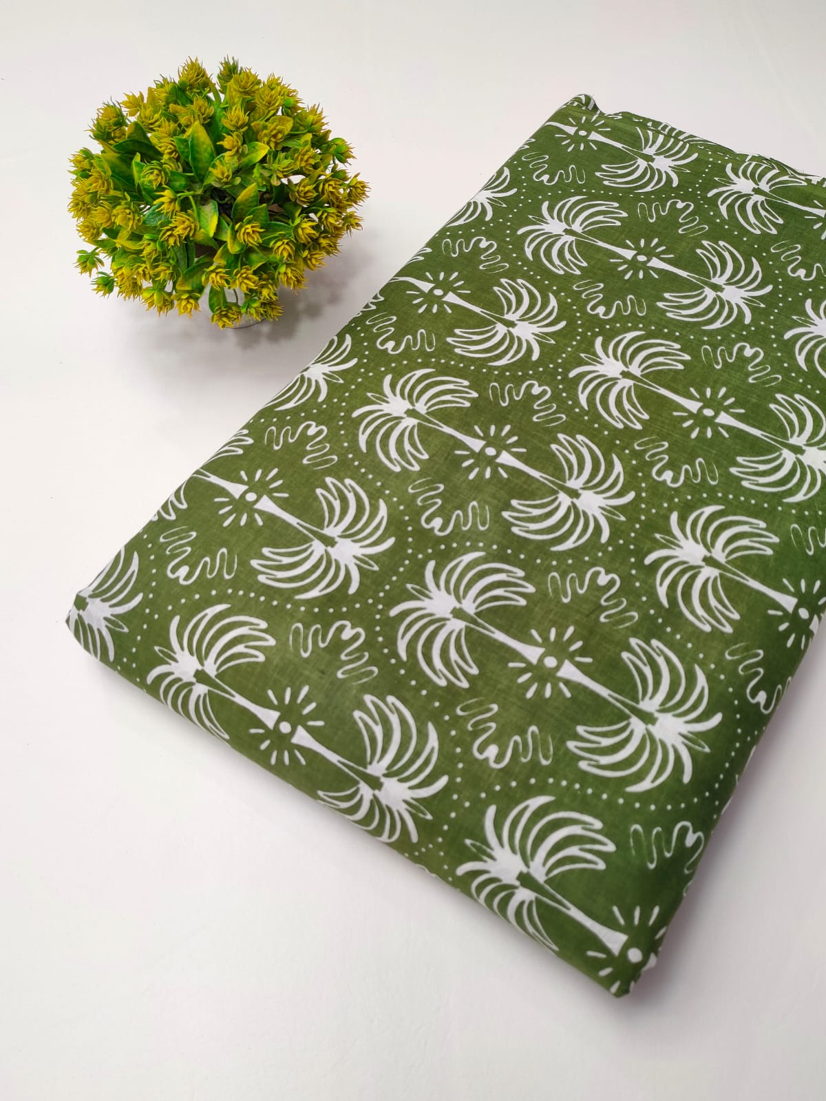 Olive Green Floral Screen Print Pure Cotton Fabric From Tulsi Prints