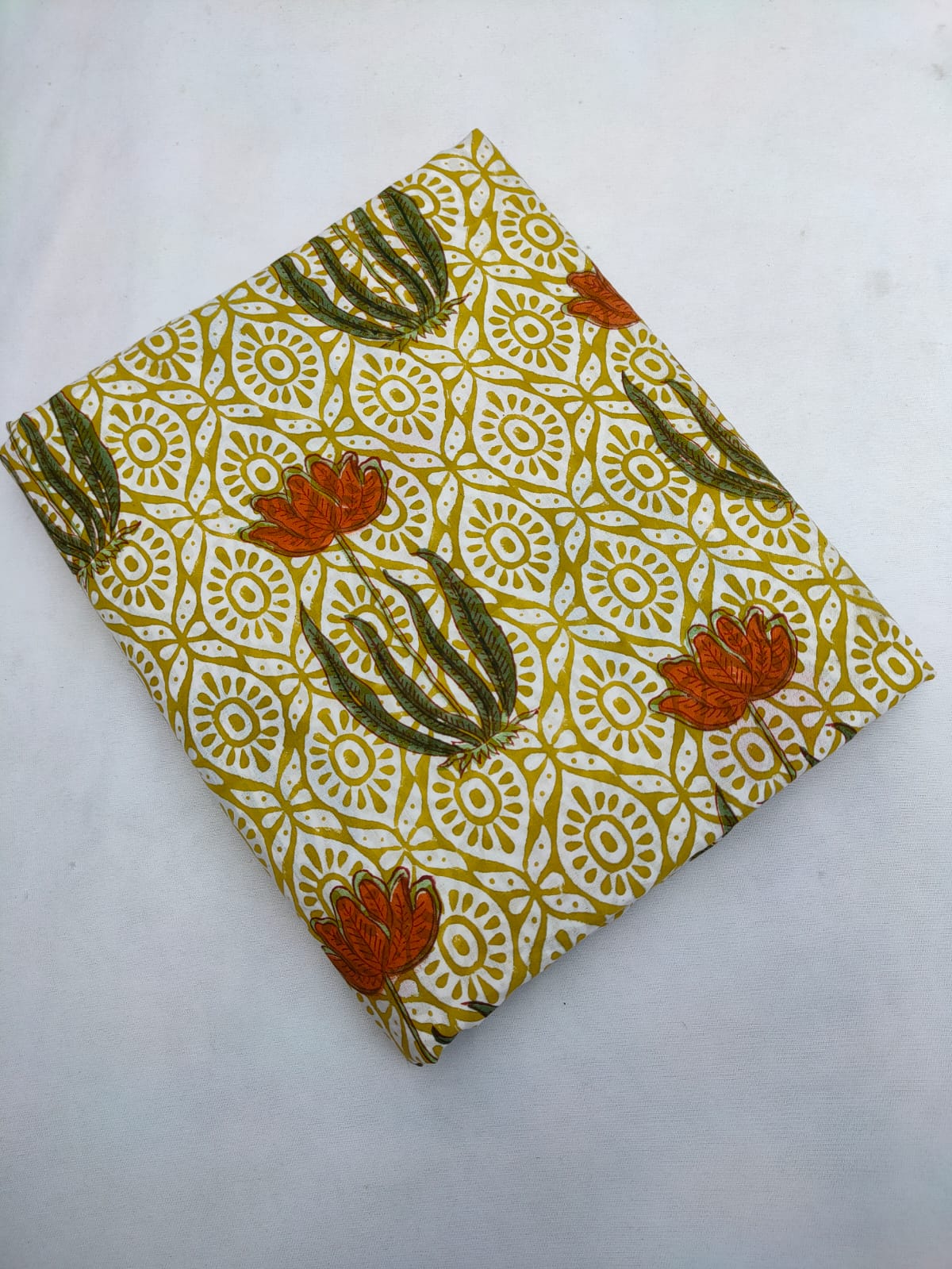 Mustard Yellow Floral Motif Sanganeri Print Pure Cotton Fabric From Tulsi Prints