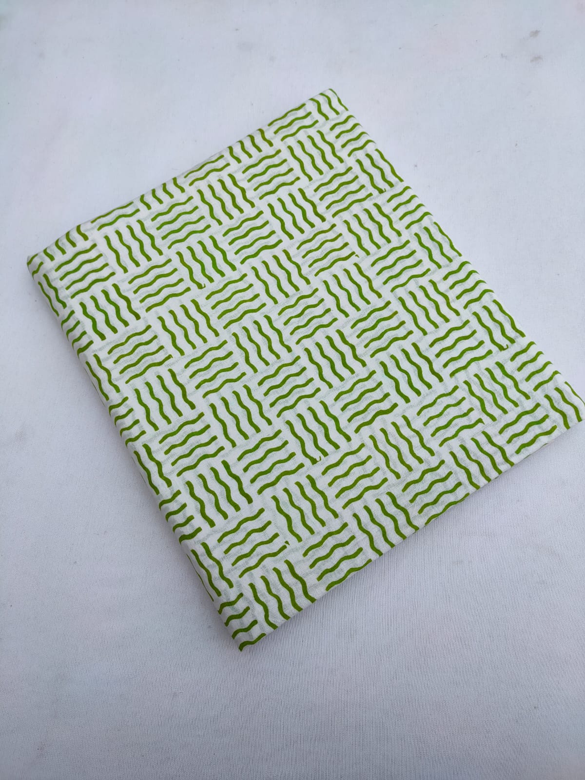 White Green Geometric Lahariya Jaipuri Block Print Pure Cotton Fabric From Tulsi Prints