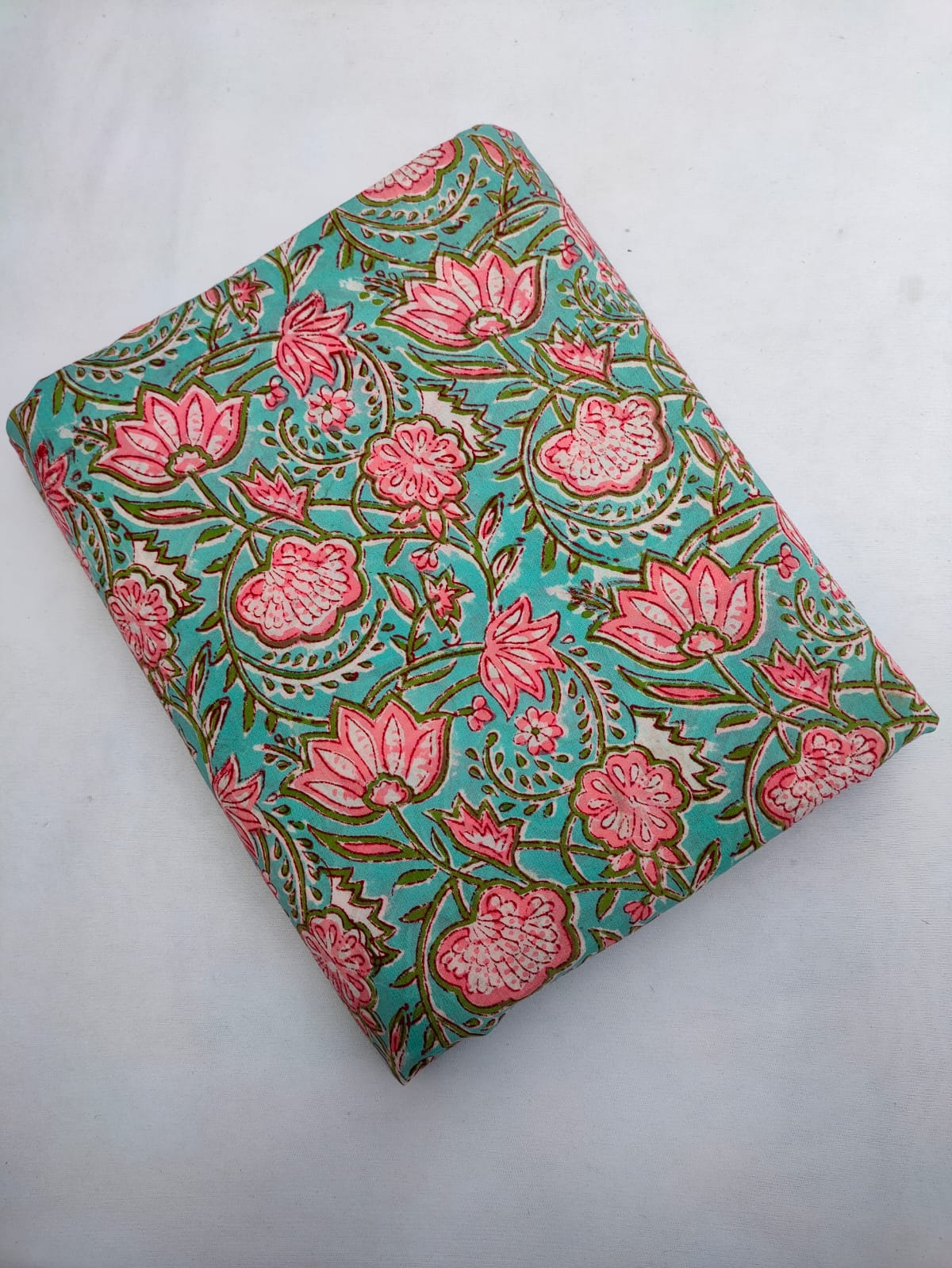 Teal Blue Floral Vine Jaipuri Hand Block Print Pure Cotton Fabric From Tulsi Prints