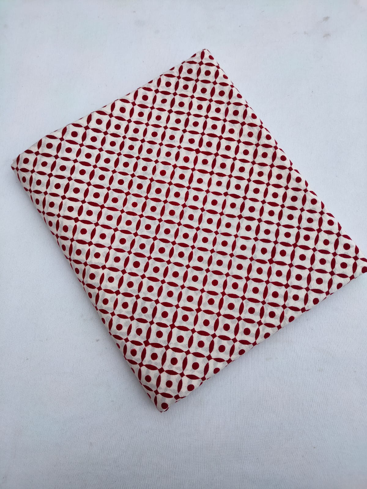 Off White And Red Geometric Motif Jaipuri Hand Block Print Pure Cotton Fabric From Tulsi Prints