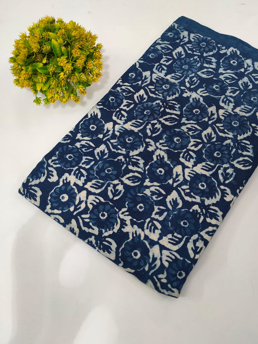 Navy Blue Floral Indigo Print (Dabu Indigo Print) Pure Cotton Fabric From Tulsi Prints