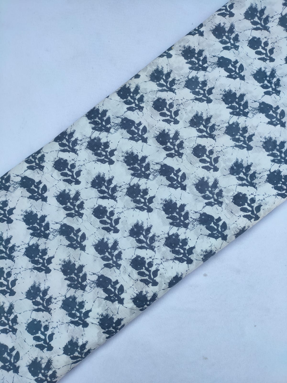 White and Navy Blue Floral Screen Print Pure Cotton Fabric From Tulsi Prints