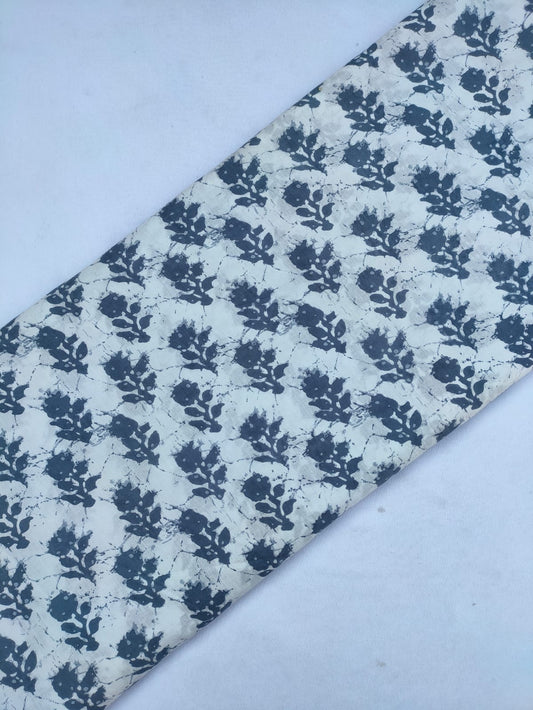 White and Navy Blue Floral Screen Print Pure Cotton Fabric From Tulsi Prints