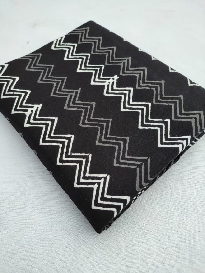 Black Zigzag Bagru Block Print Pure Cotton Fabric From Tulsi Prints