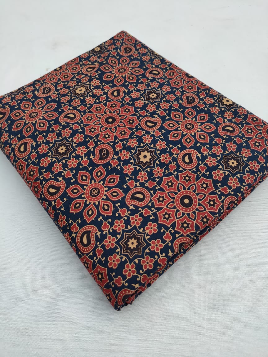 Navy Blue Geometric Ajrakh Pure Cotton Fabric From Tulsi Prints