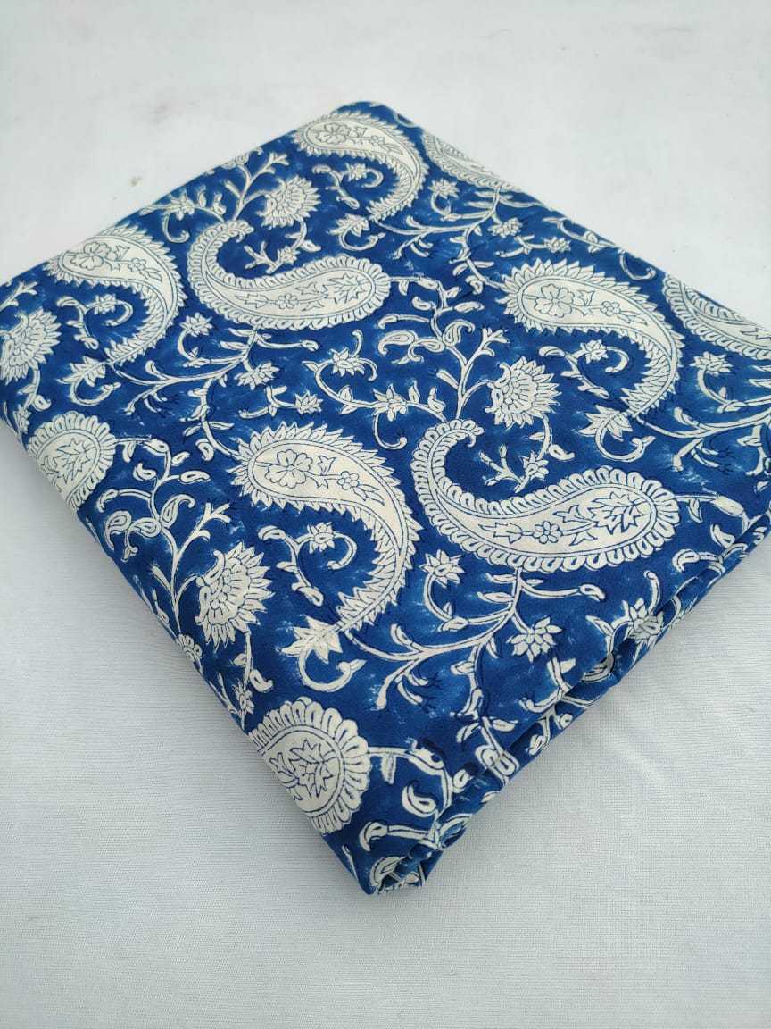 Navy Blue Paisley Bagru Block Print Cotton Fabric From Tulsi Prints