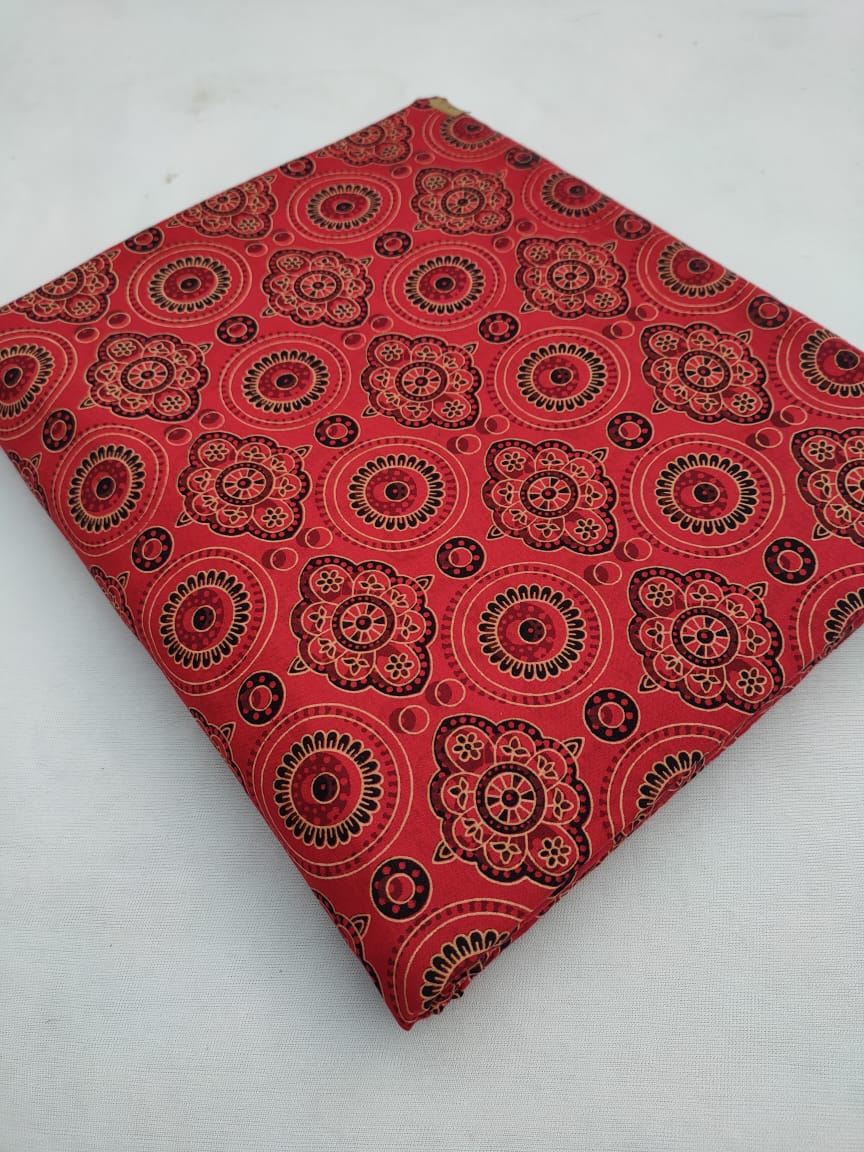 Red Circular Floral Ajrakh Print Cotton Fabric From Tulsi Prints