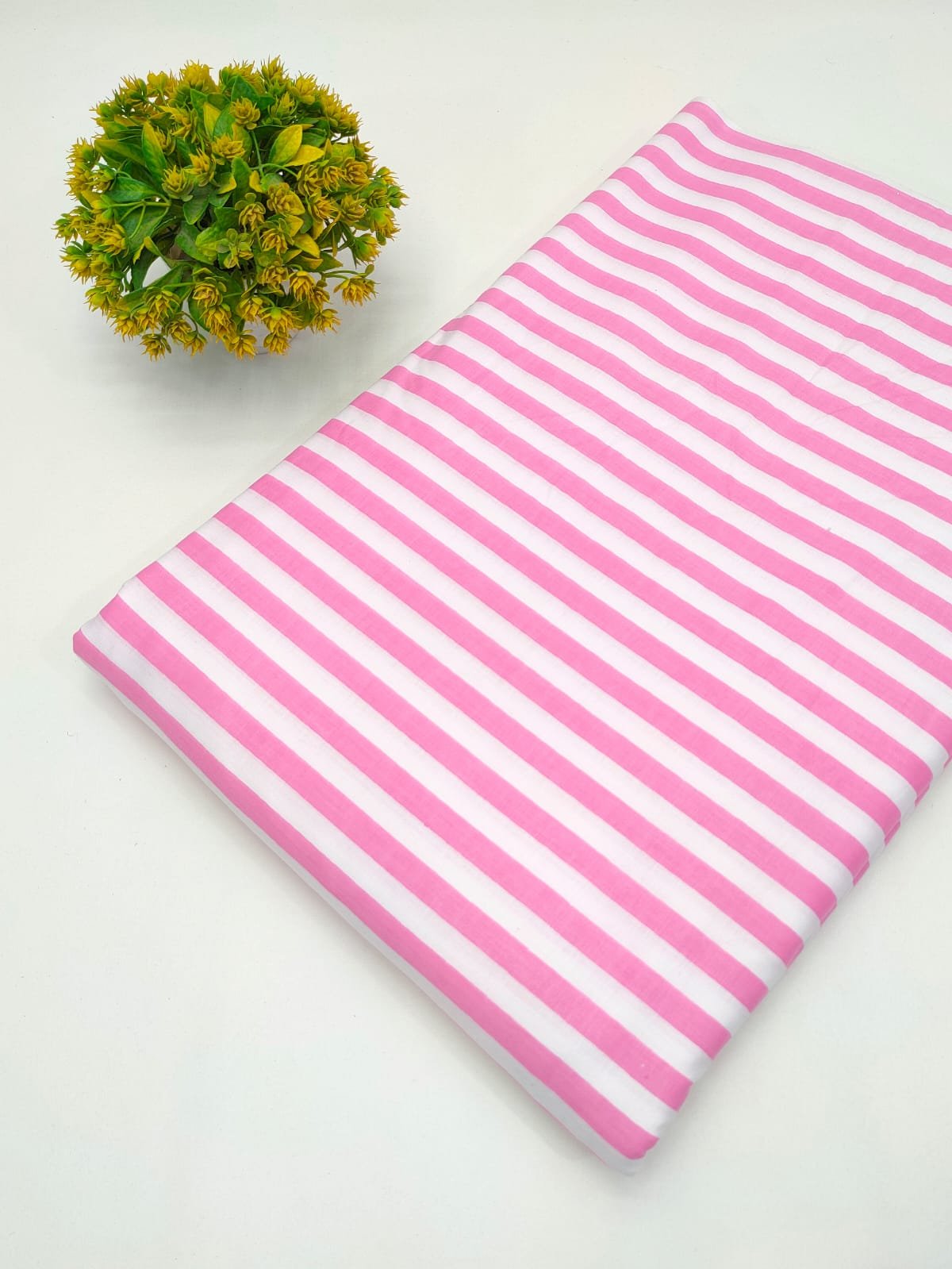 Pink and White Striped Screen Print Pure Cotton Fabric From Tulsi Prints