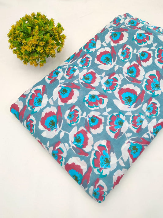 Teal Floral Screen Print Pure Cotton Fabric From Tulsi Prints