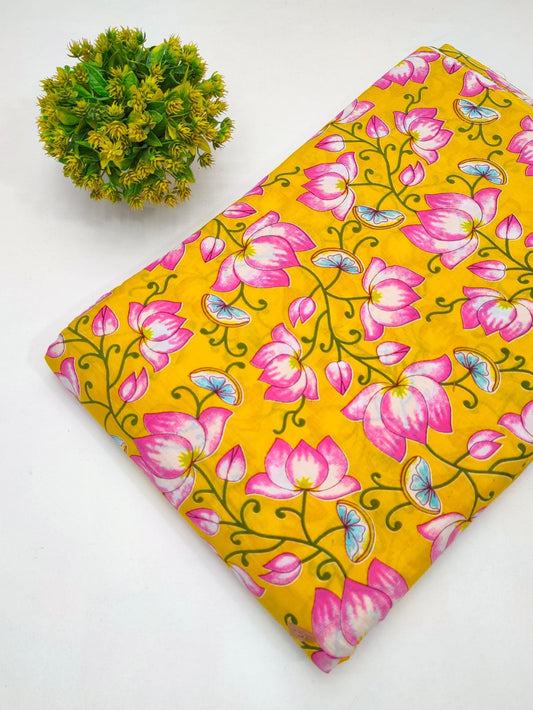 Yellow Lotus Floral Screen Print Pure Cotton Fabric From Tulsi Prints