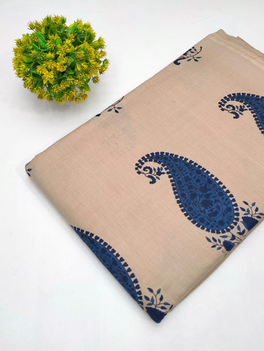 Beige Blue Paisley Screen Print Pure Cotton Fabric From Tulsi Prints