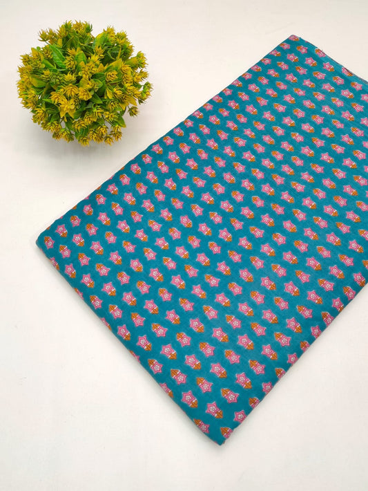 Teal Blue Star Boota Screen Print Pure Cotton Fabric From Tulsi Prints