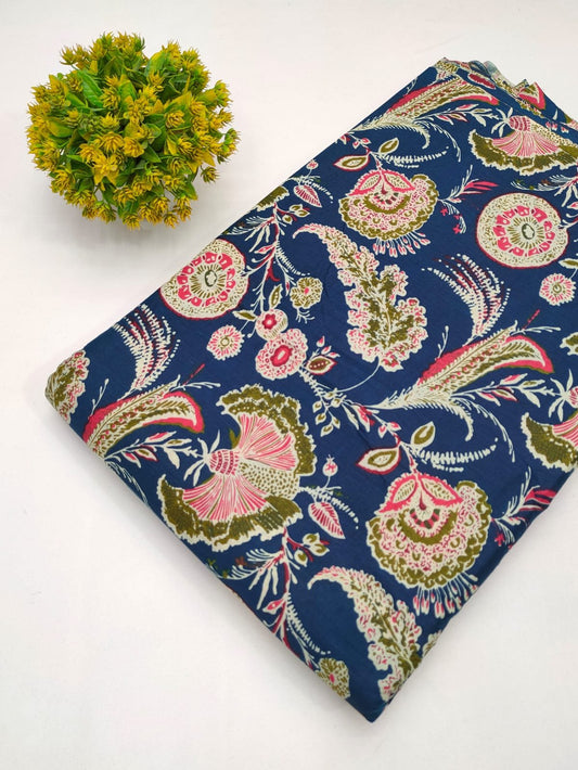 Navy Blue Floral Paisley Screen Print Pure Cotton Fabric From Tulsi Prints