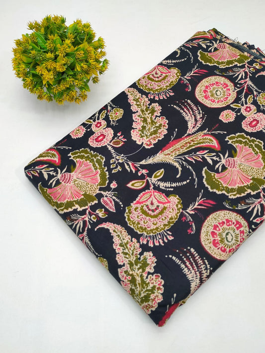 Black Floral Boota Screen Print Pure Cotton Fabric From Tulsi Prints