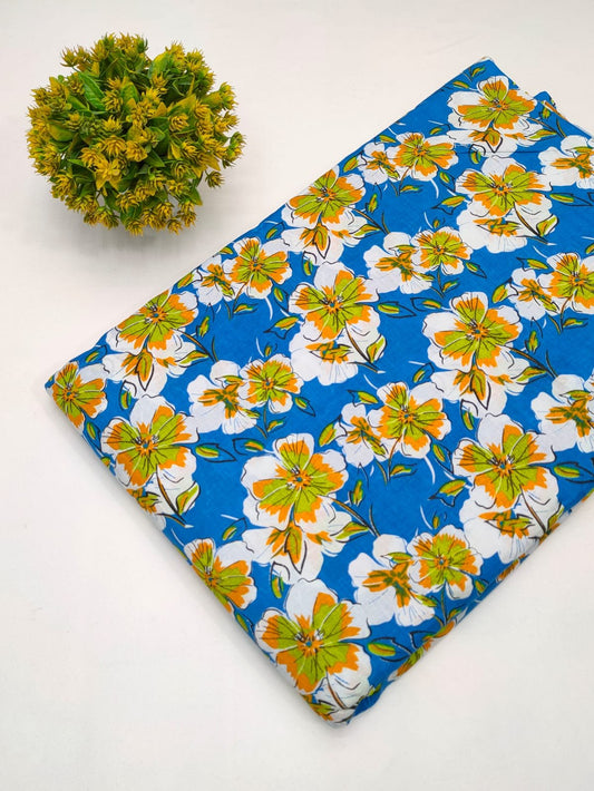 Blue Floral Blossom Screen Print Pure Cotton Fabric From Tulsi Prints