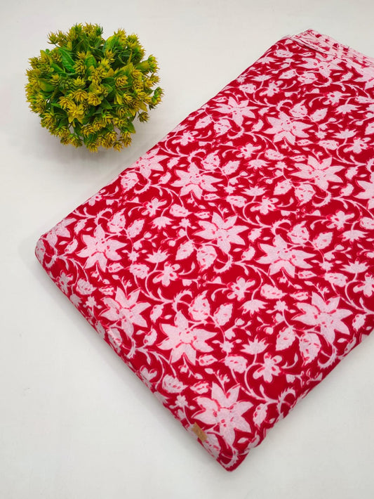Red Floral Vine Screen Print Pure Cotton Fabric From Tulsi Prints