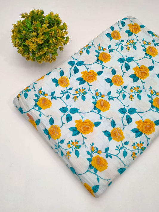 White and Yellow Floral Vine Screen Print Pure Cotton Fabric From Tulsi Prints