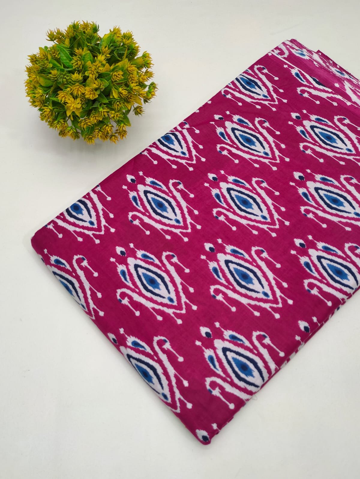 Magenta Blue Ikat Motif Screen Print Pure Cotton Fabric From Tulsi Prints