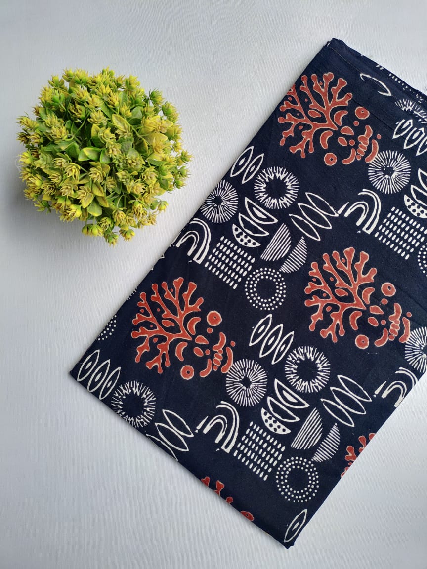 Navy Blue Abstract Jaipuri Block Print Cotton Fabric From Tulsi Prints