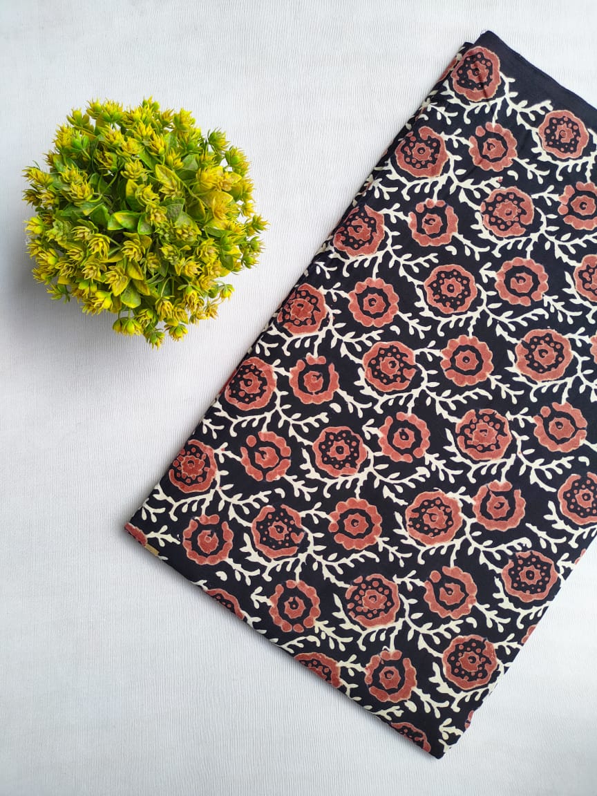 Black Floral Sanganeri Hand Block Print Cotton Fabric From Tulsi Prints