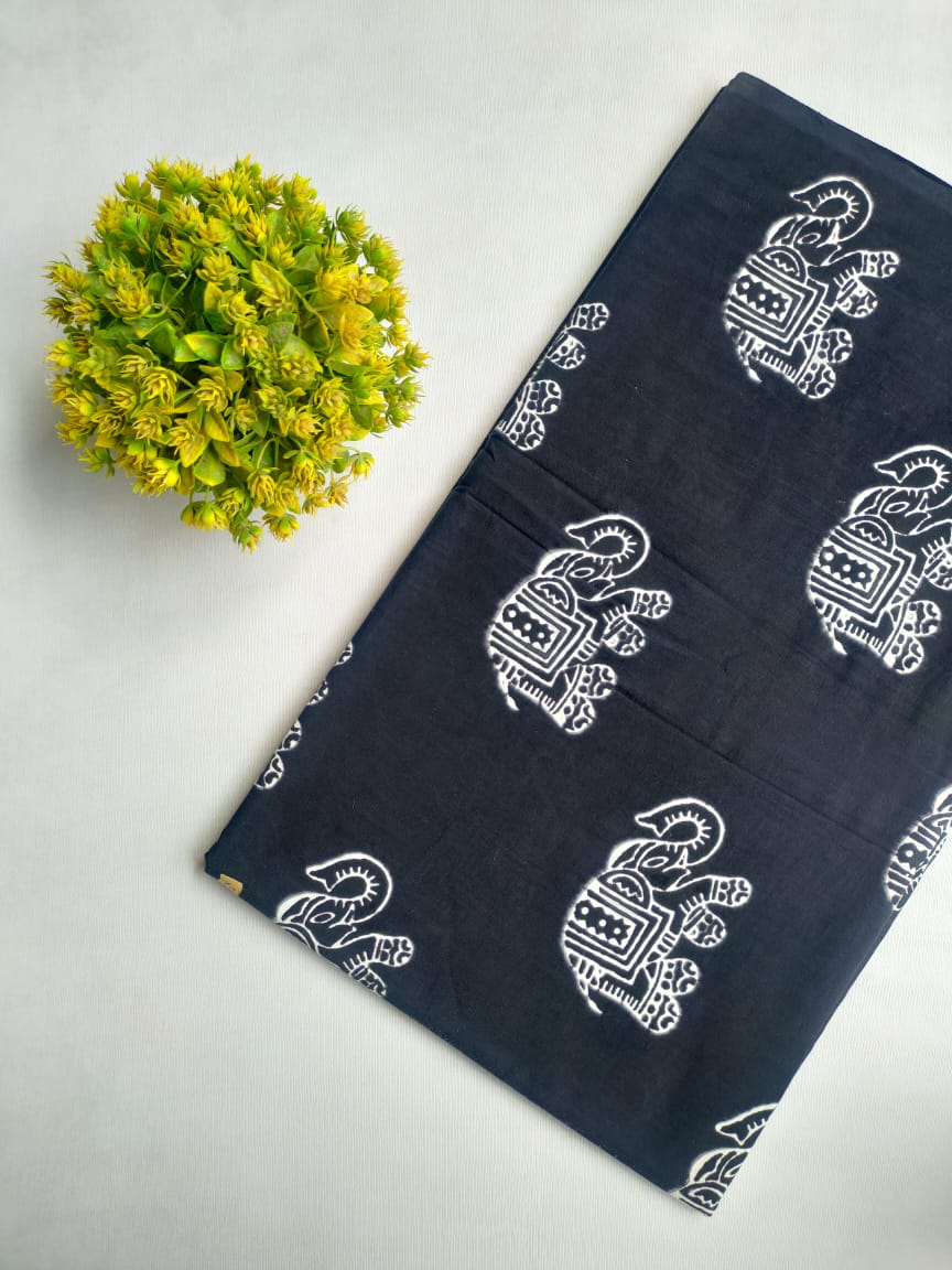 Black Elephant Jaipuri Hand Block Print Cotton Fabric From Tulsi Prints