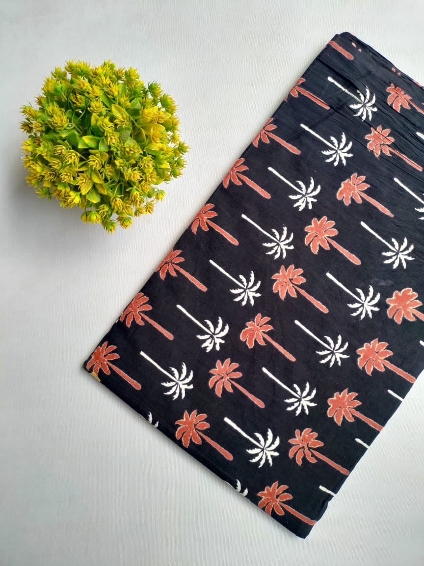 Black Floral Palm Sanganeri Hand Block Print Cotton Fabric From Tulsi Prints