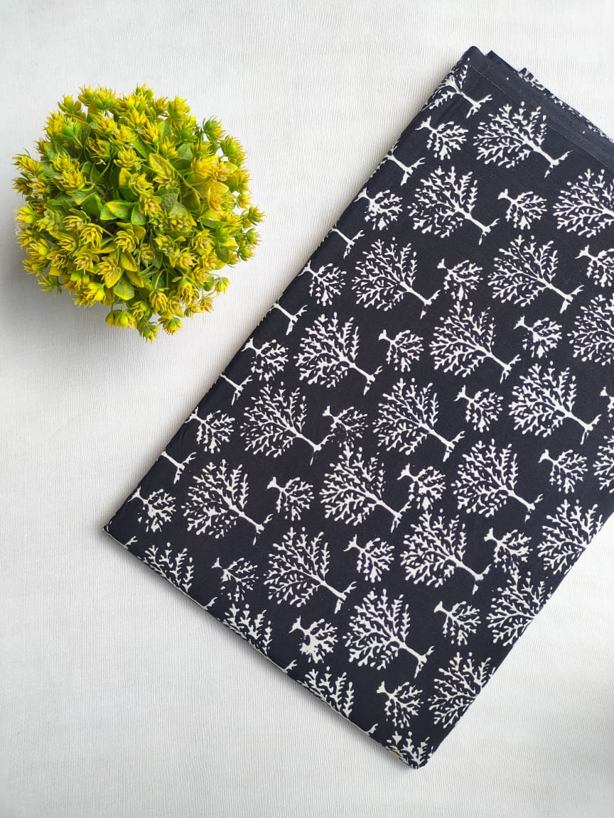 Black Tree Motif Sanganeri Block Print Cotton Fabric From Tulsi Prints