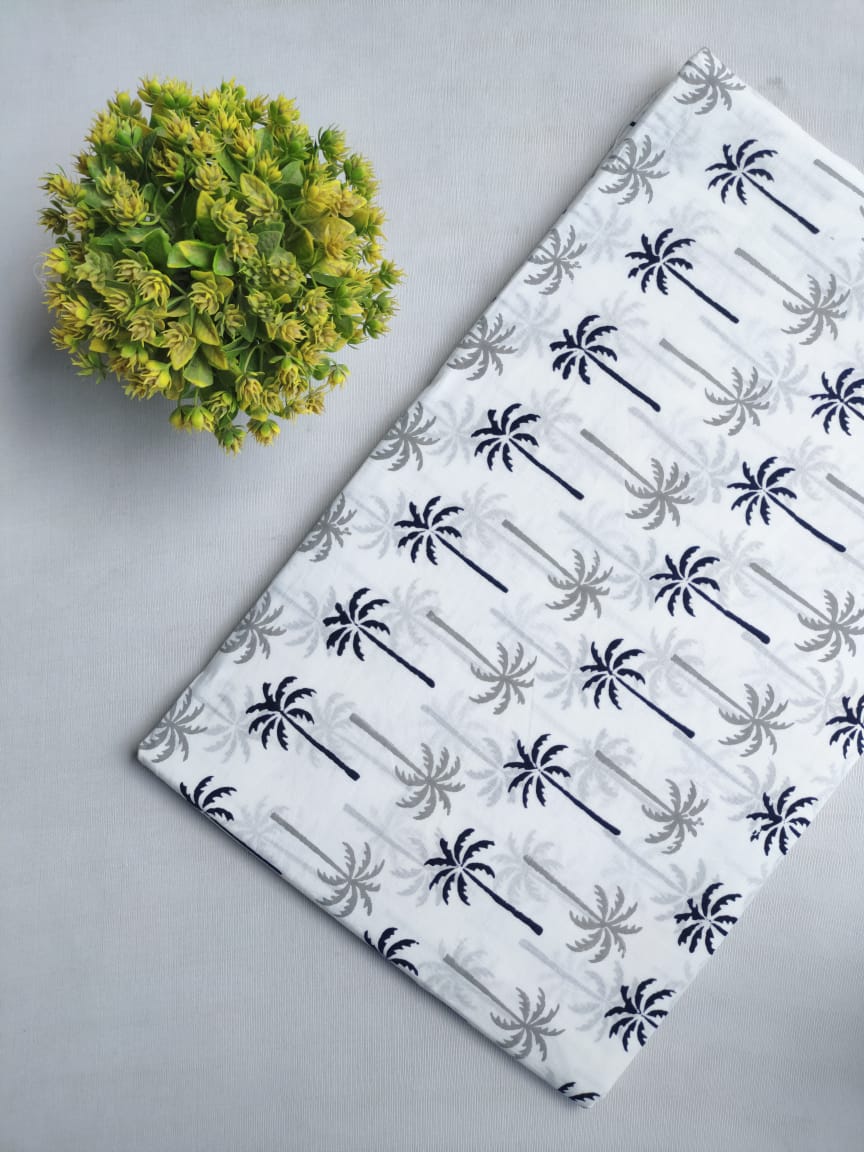 White Palm Tree Jaipuri Block Print Pure Cotton Fabric From Tulsi Prints