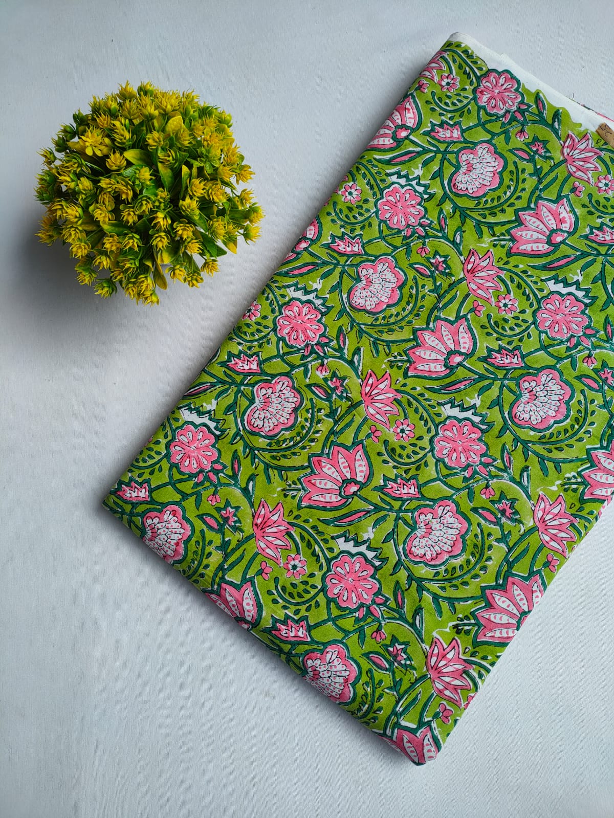 Green Floral Vine Sanganeri Hand Block Print Pure Cotton Fabric From Tulsi Prints