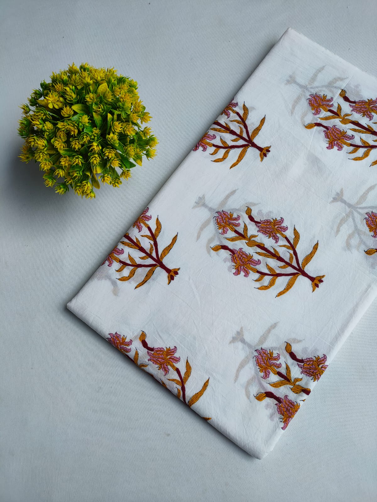 White Floral Boota Jaipuri Hand Block Print Pure Cotton Fabric From Tulsi Prints