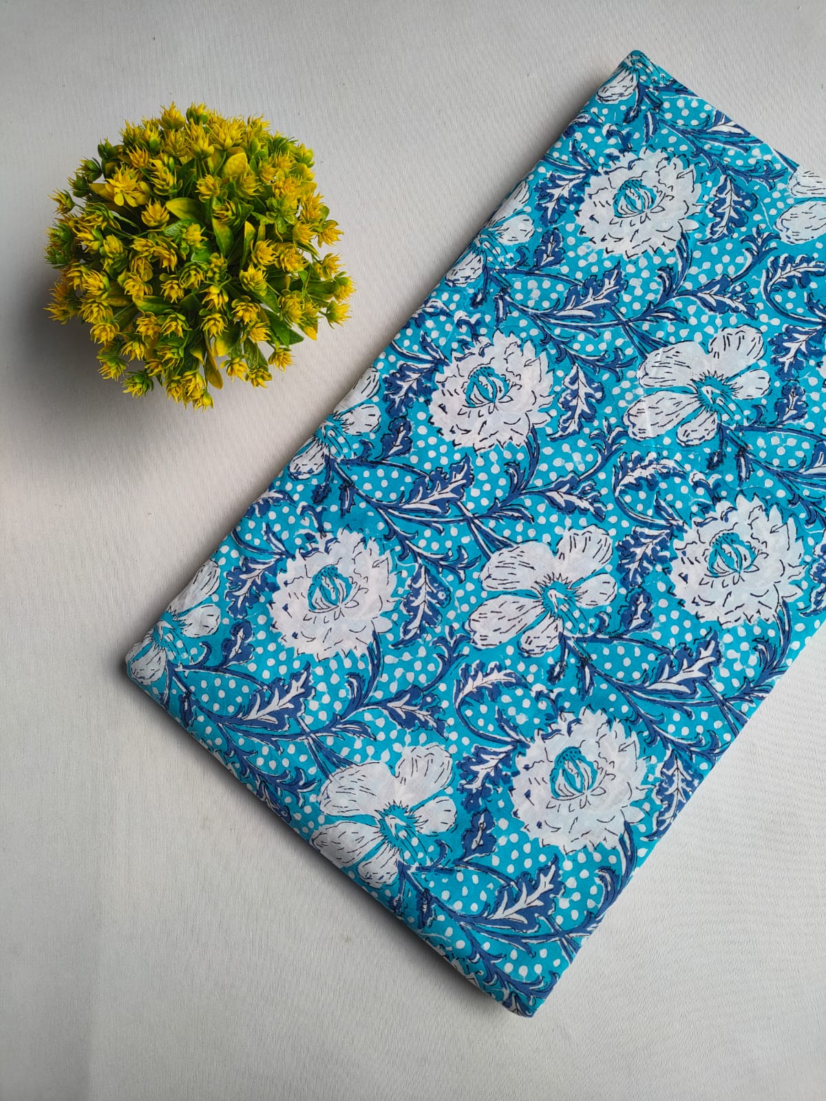 Turquoise Floral Boota Sanganeri Hand Block Print Pure Cotton Fabric From Tulsi Prints