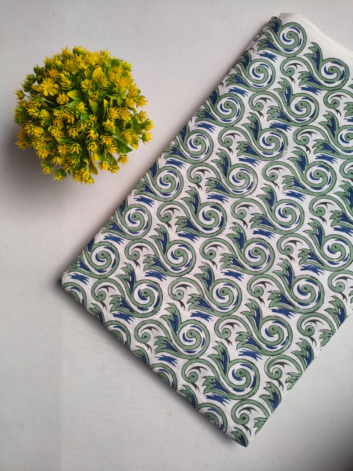 White And Green Swirl Motifs Sanganeri Block Print Pure Cotton Fabric From Tulsi Prints