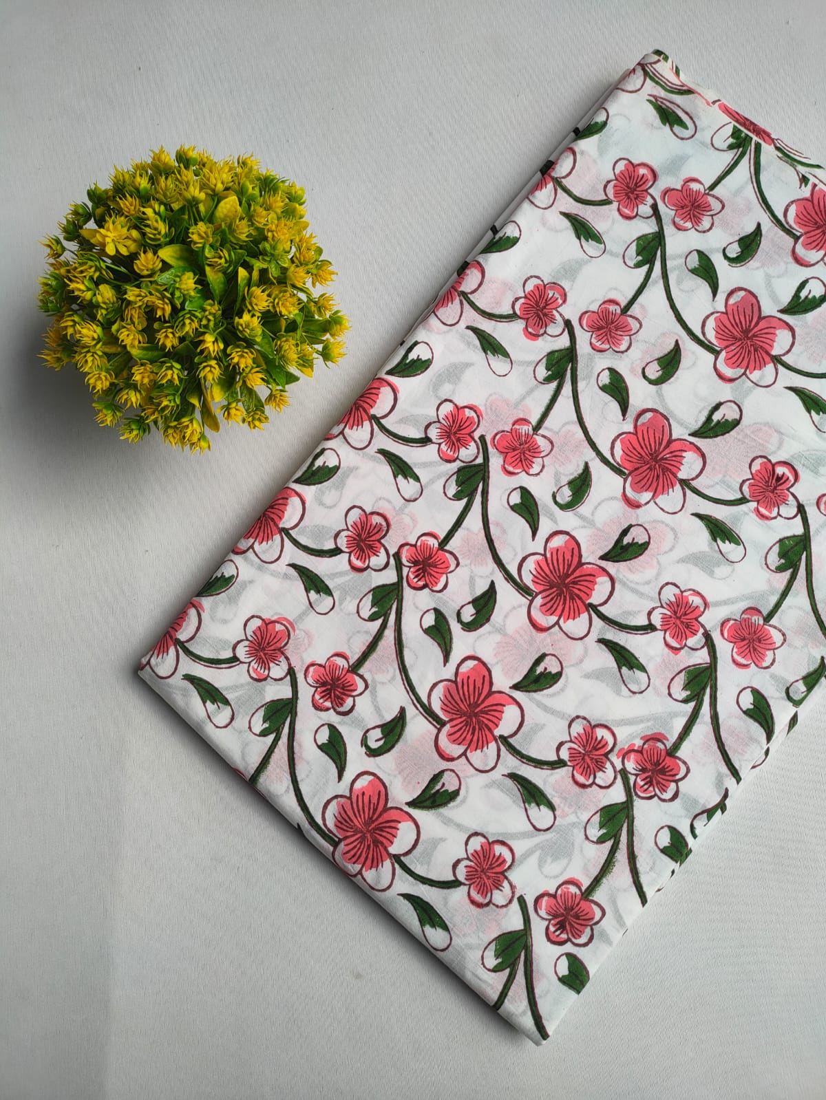 White Floral Vine Sanganeri Hand Block Print Pure Cotton Fabric From Tulsi Prints