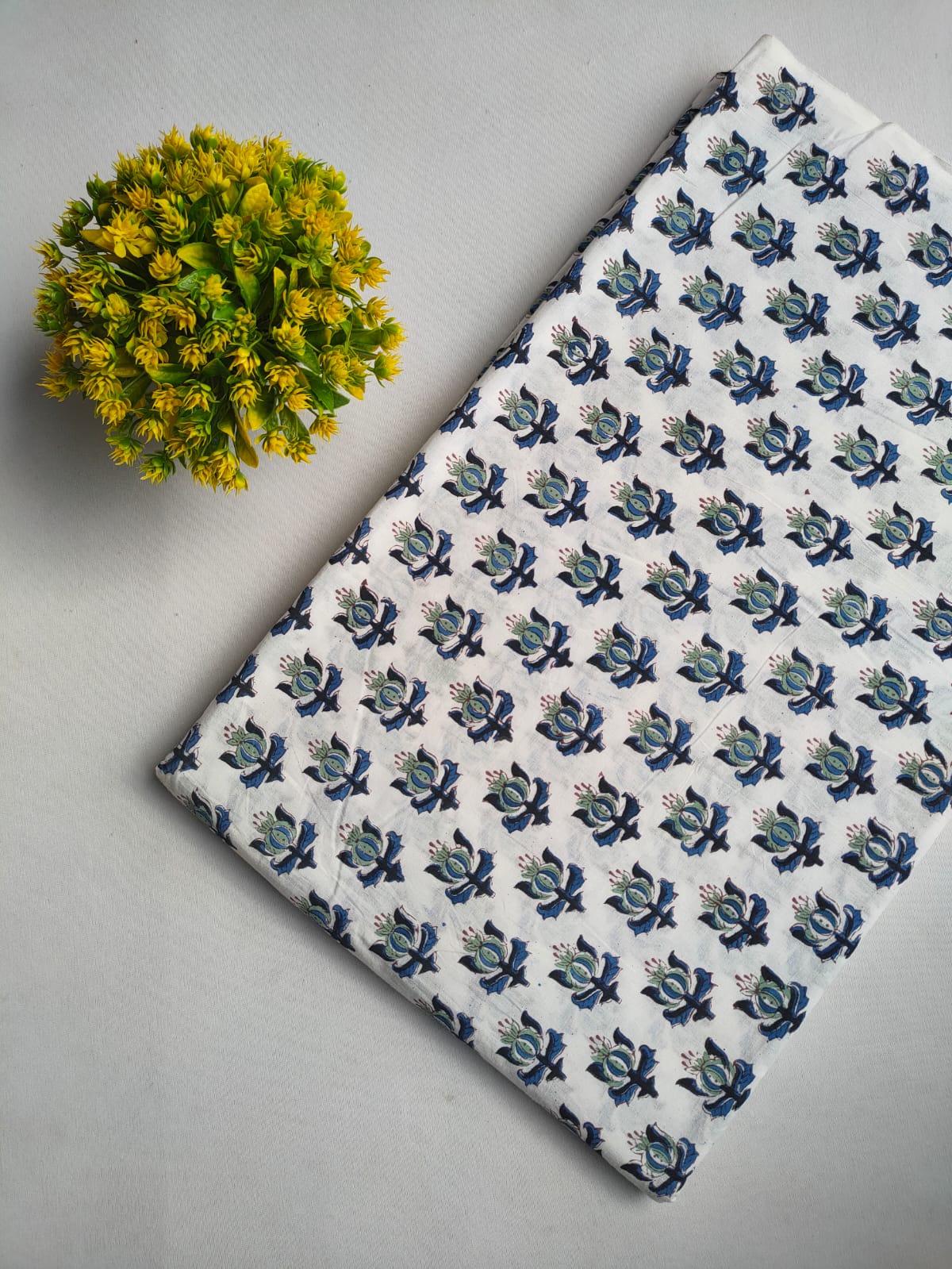 White Blue Floral Boota Jaipuri Block Print Pure Cotton Fabric From Tulsi Prints
