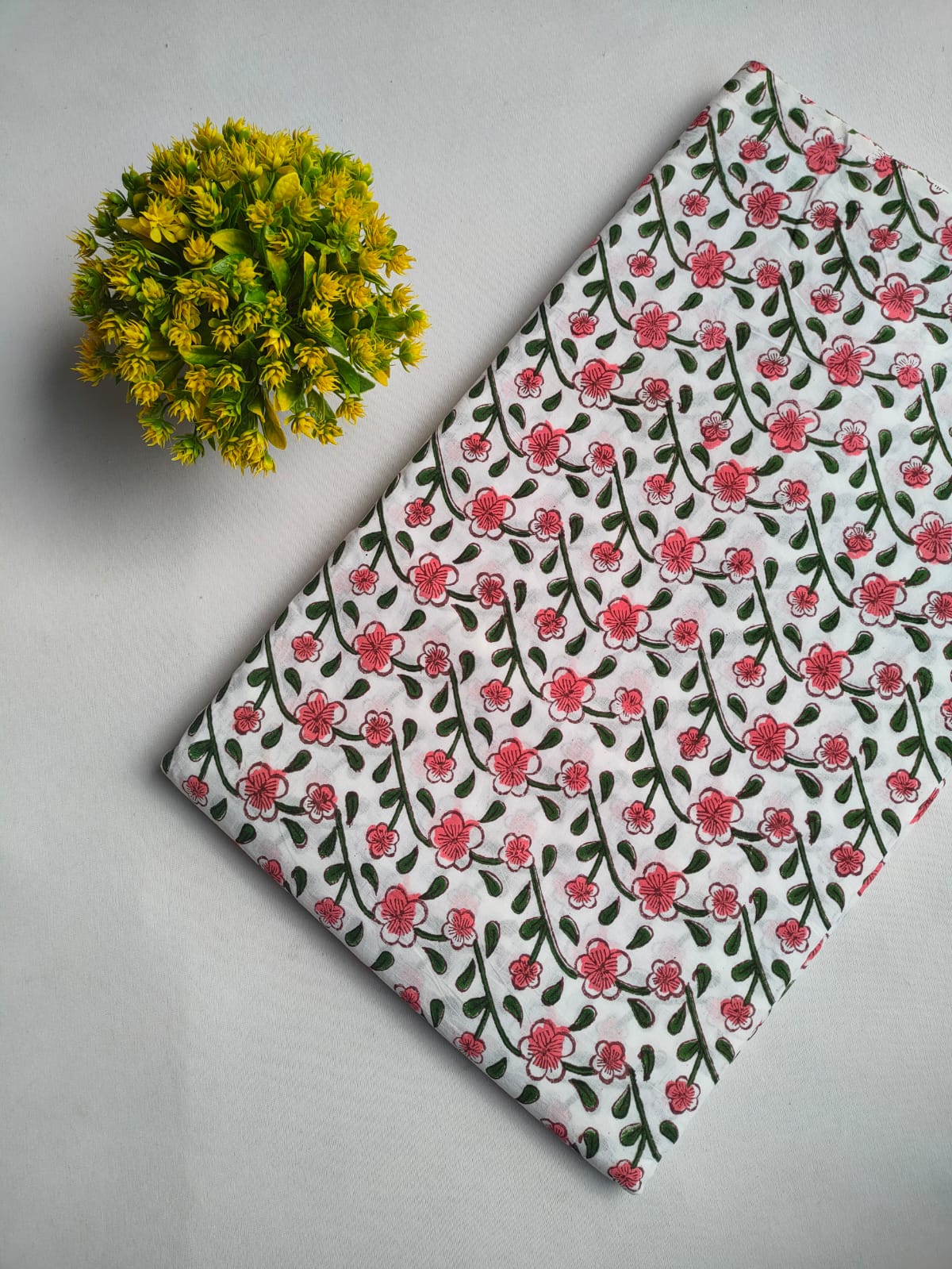 White Floral Vine Jaipuri Hand Block Print Pure Cotton Fabric From Tulsi Prints