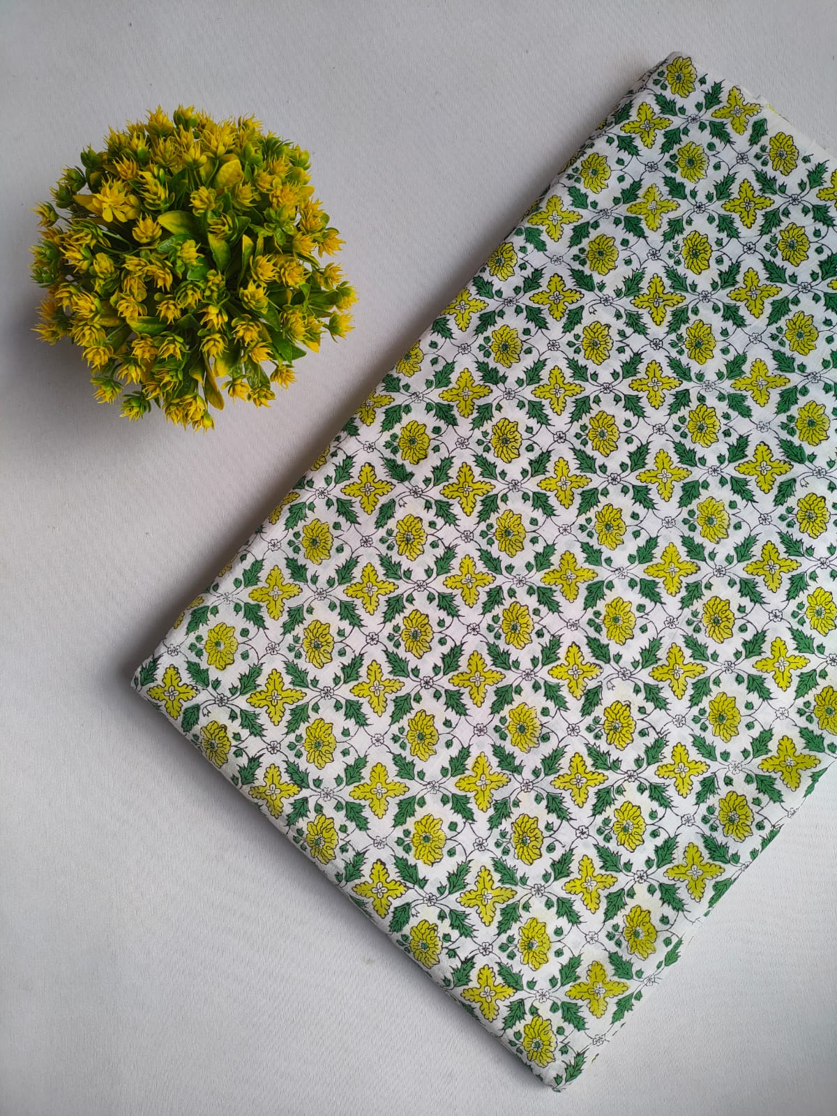 White And Yellow Floral Vine Sanganeri Hand Block Print Pure Cotton Fabric From Tulsi Prints