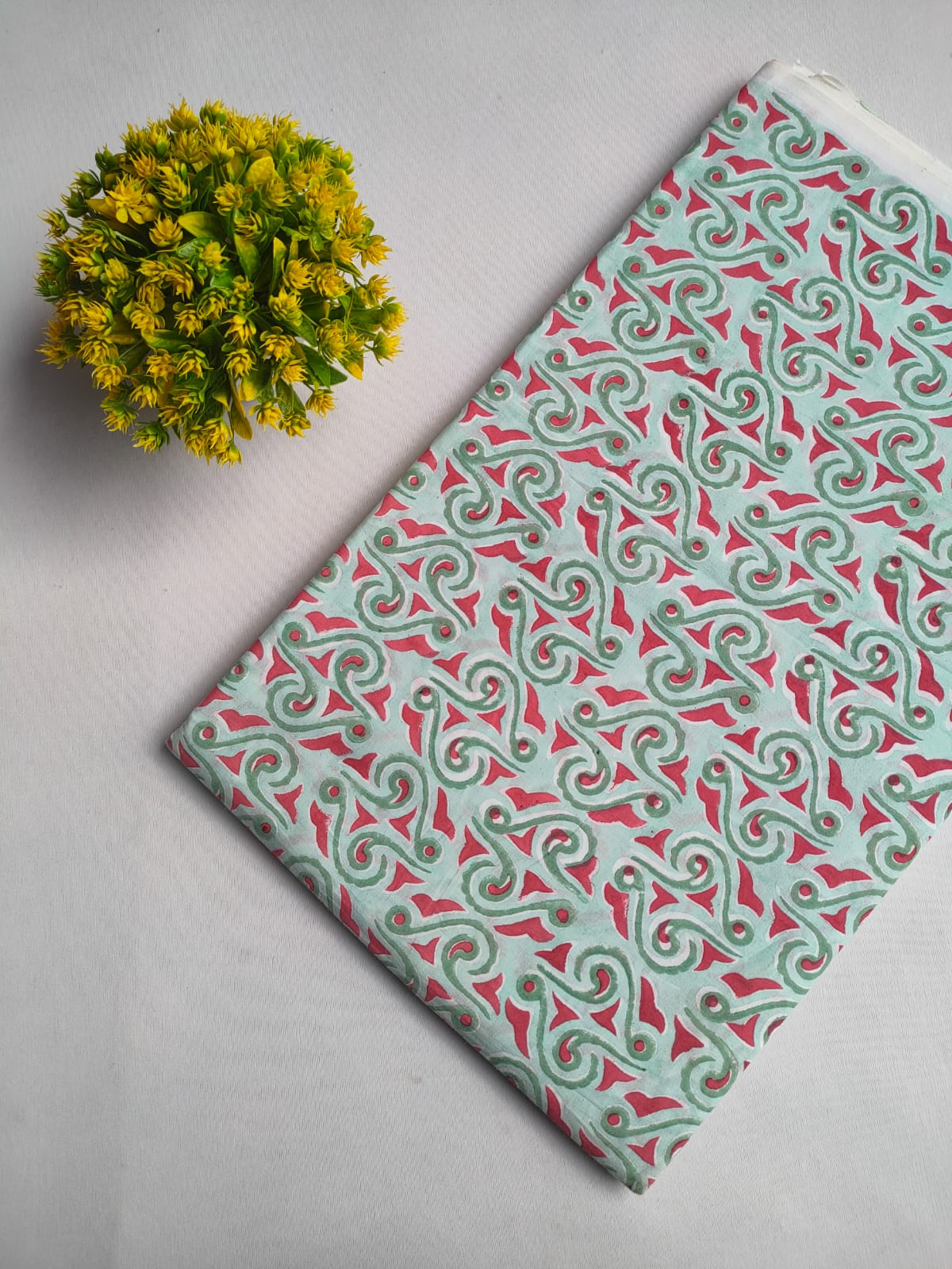 Mint Green Swirl Abstract Sanganeri Block Print Pure Cotton Fabric From Tulsi Prints