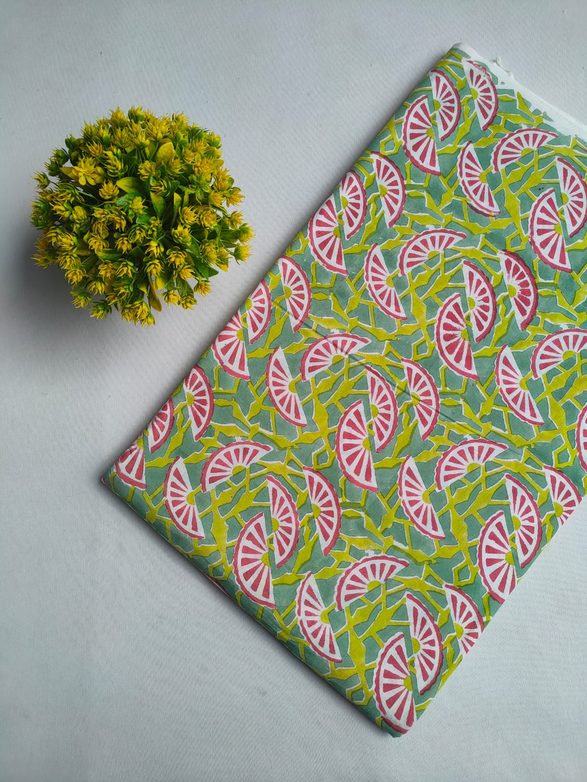 Sage Green and Pink Geometric Fan Motif Sanganeri Hand Block Print Pure Cotton Fabric From Tulsi Prints