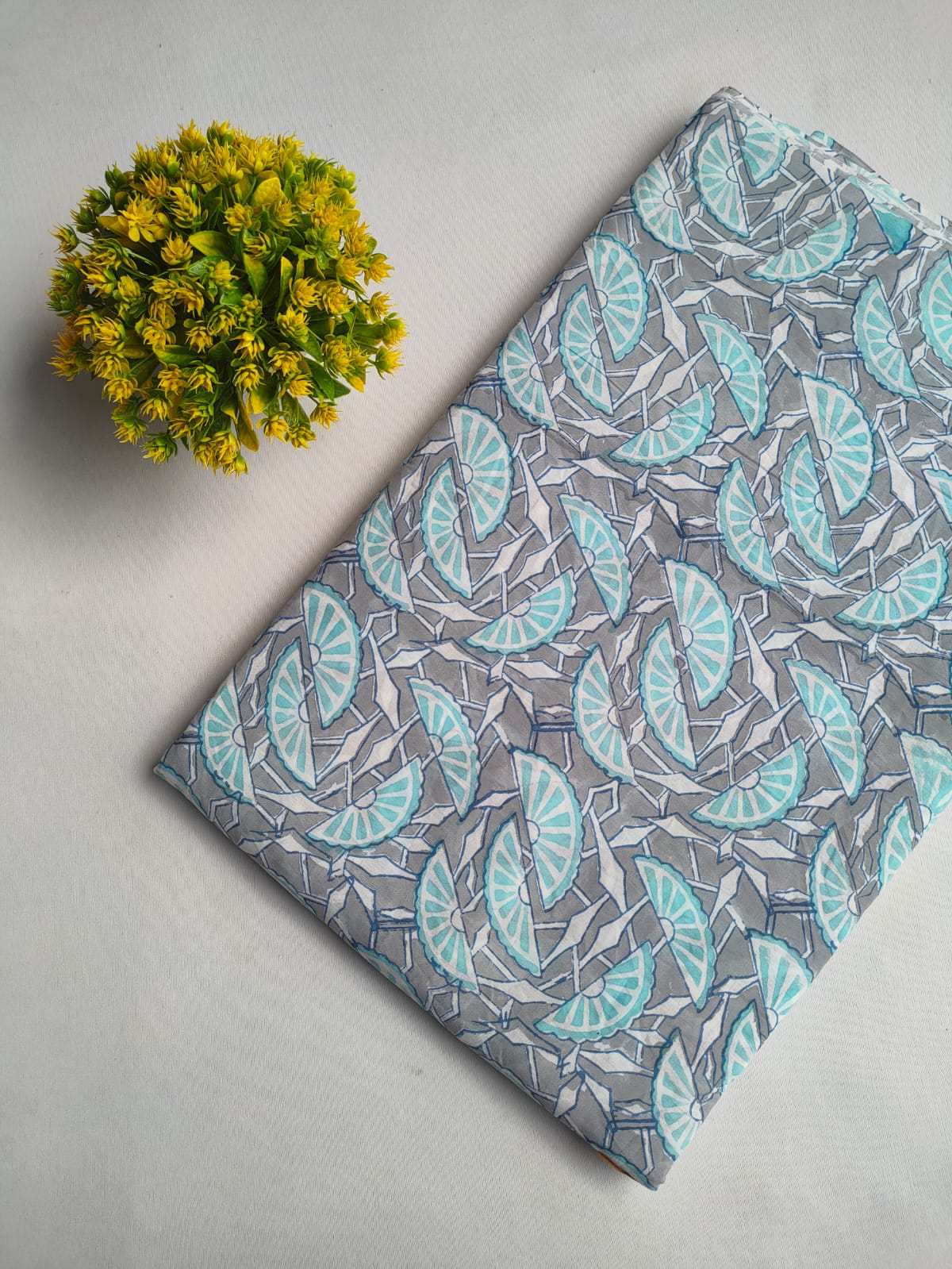 Grey And Turquoise Geometric Motif Sanganeri Block Print Pure Cotton Fabric From Tulsi Prints