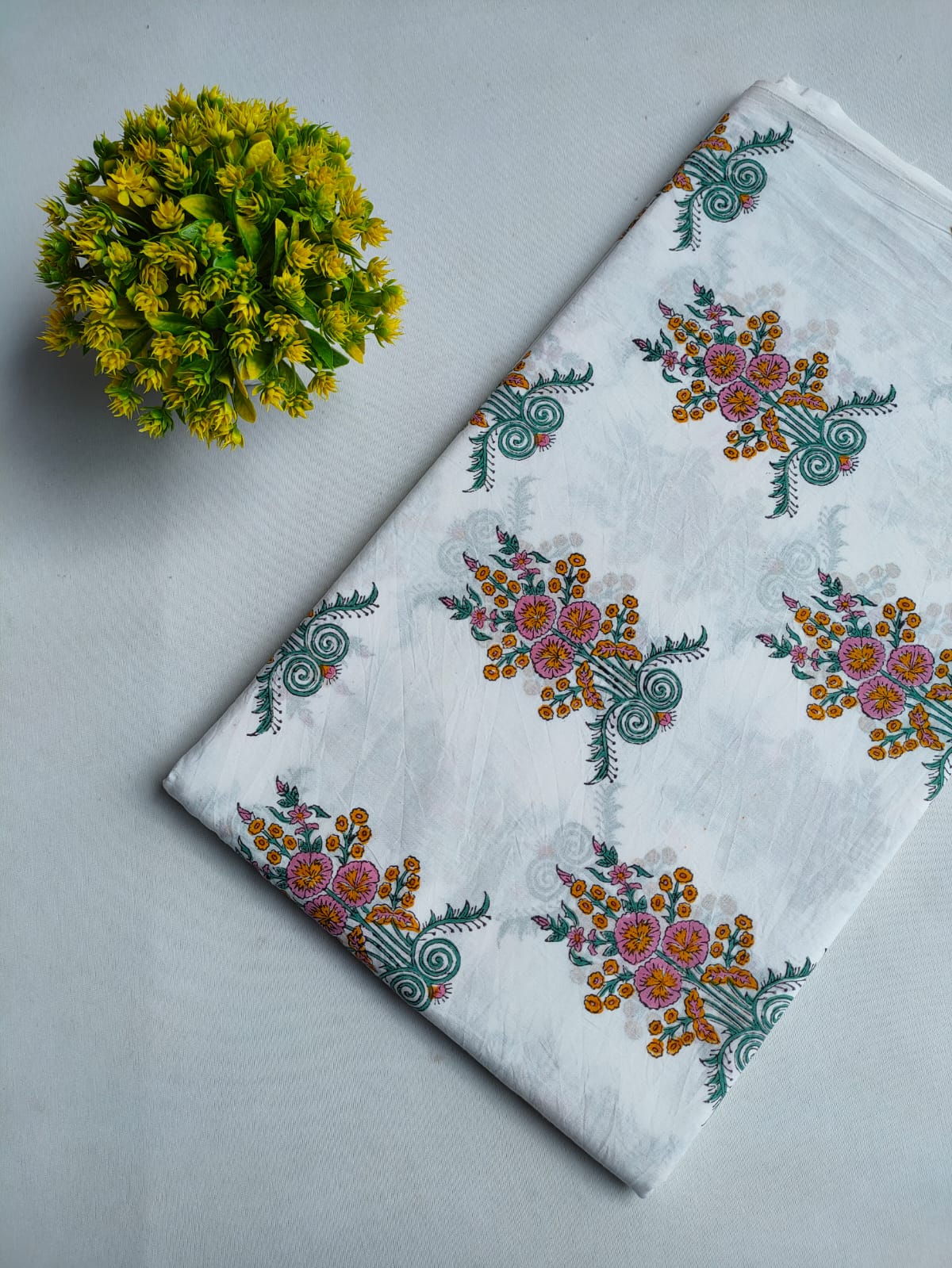 White Floral Boota Sanganeri Hand Block Print Pure Cotton Fabric From Tulsi Prints