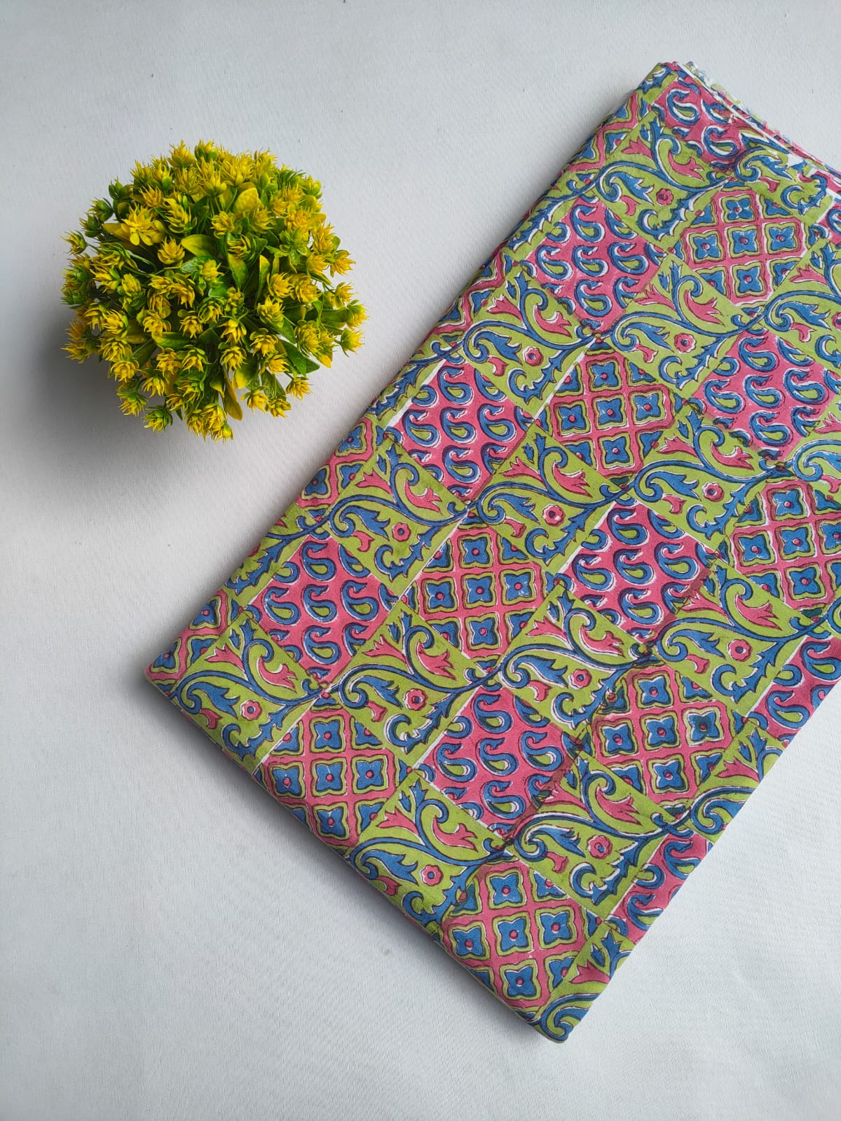 Pink and Green Geometric Paisley Block Print Pure Cotton Fabric From Tulsi Prints