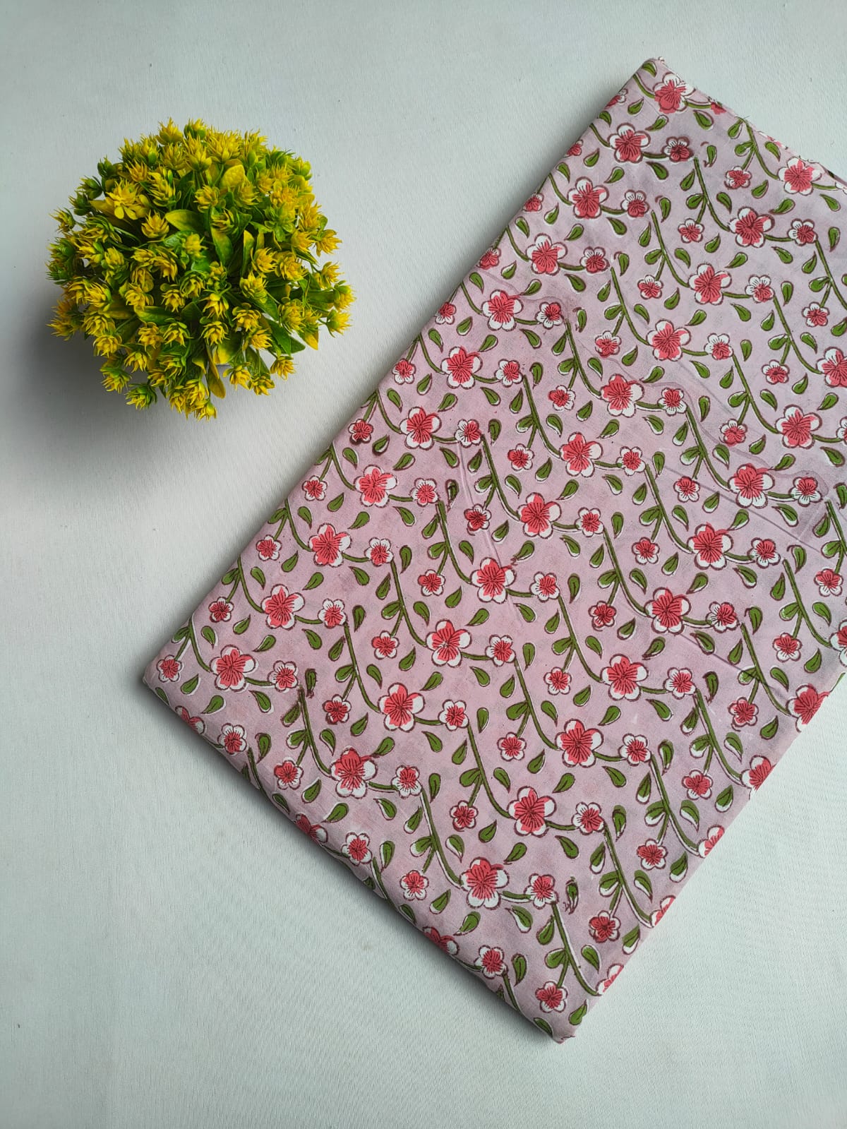 Light Pink Floral Vine Jaipuri Block Print Pure Cotton Fabric From Tulsi Prints