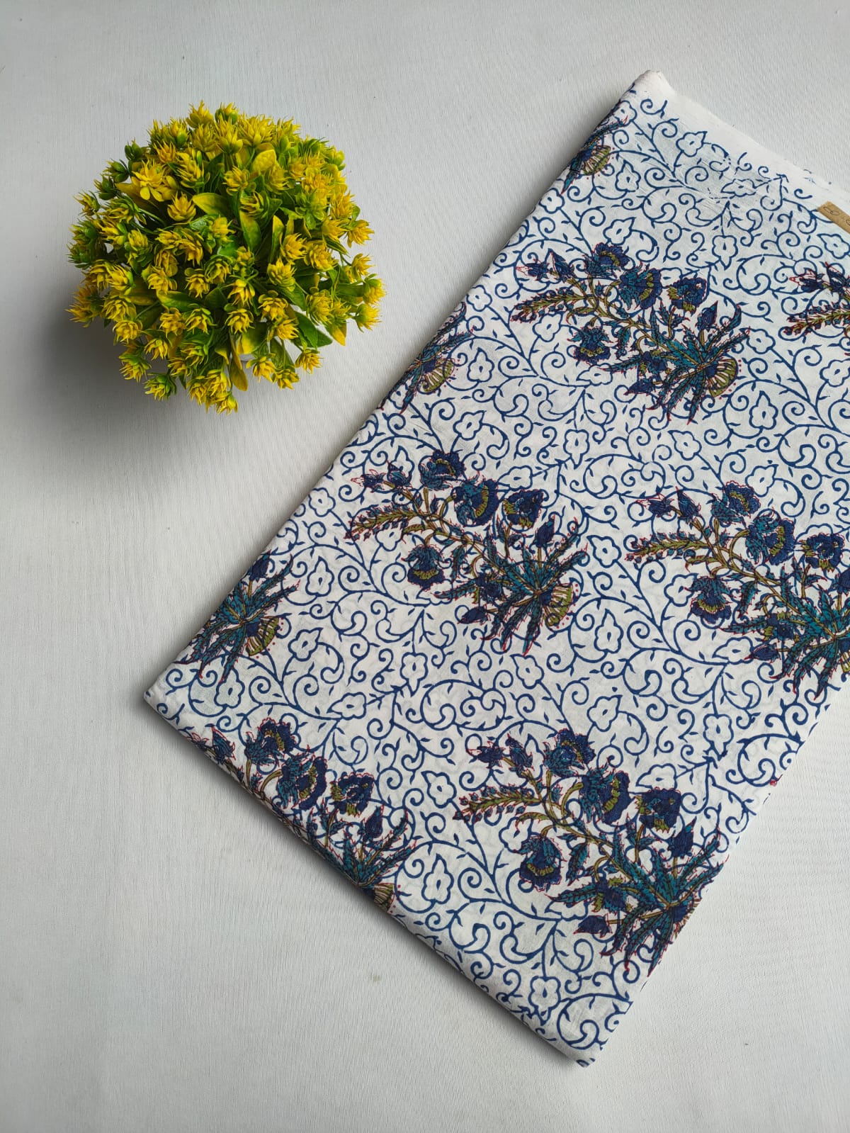 White And Blue Floral Vine Jaipuri Hand Block Print Pure Cotton Fabric From Tulsi Prints