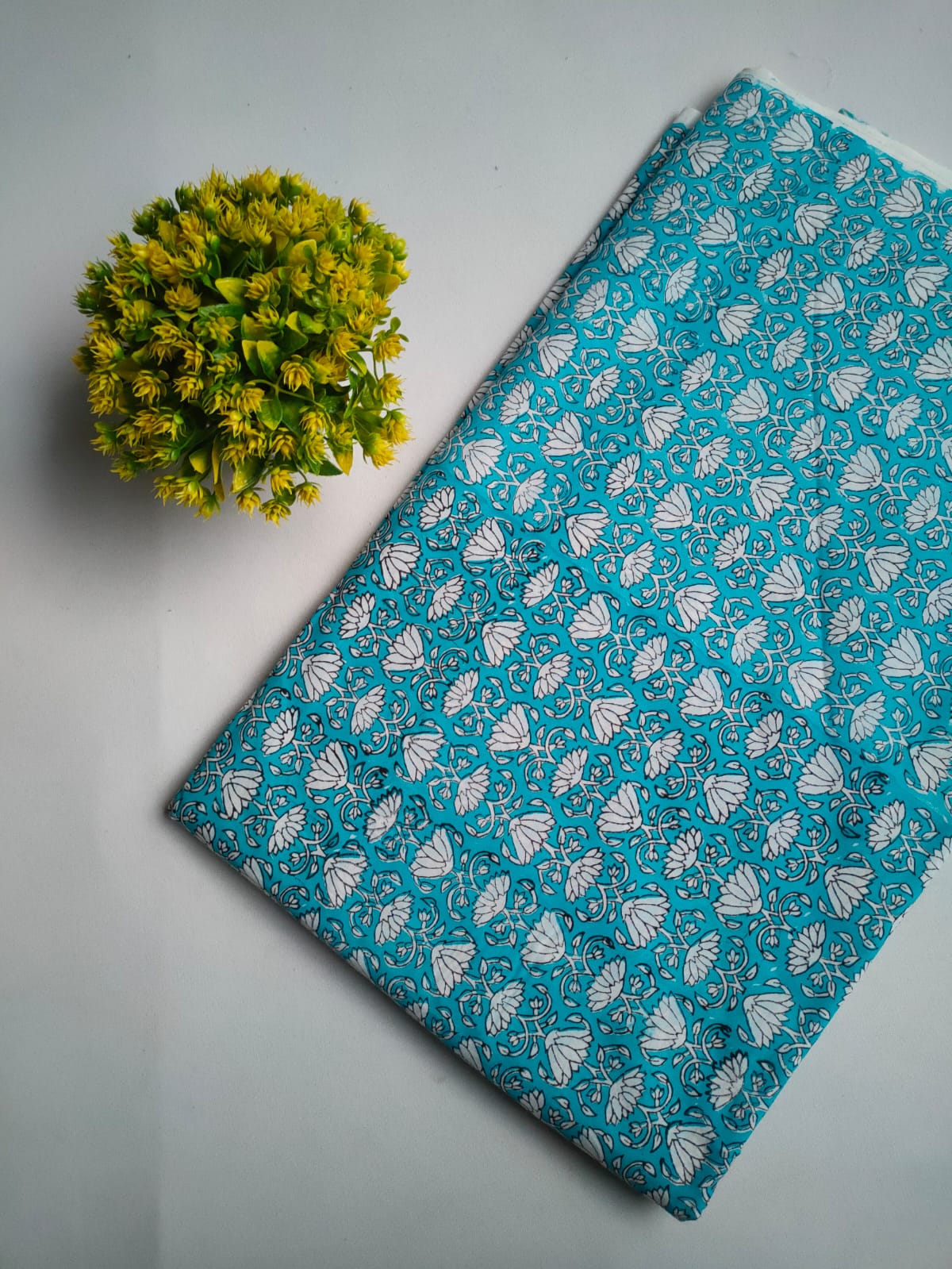 Turquoise Blue Floral Vine Jaipuri Hand Block Print Pure Cotton Fabric From Tulsi Prints