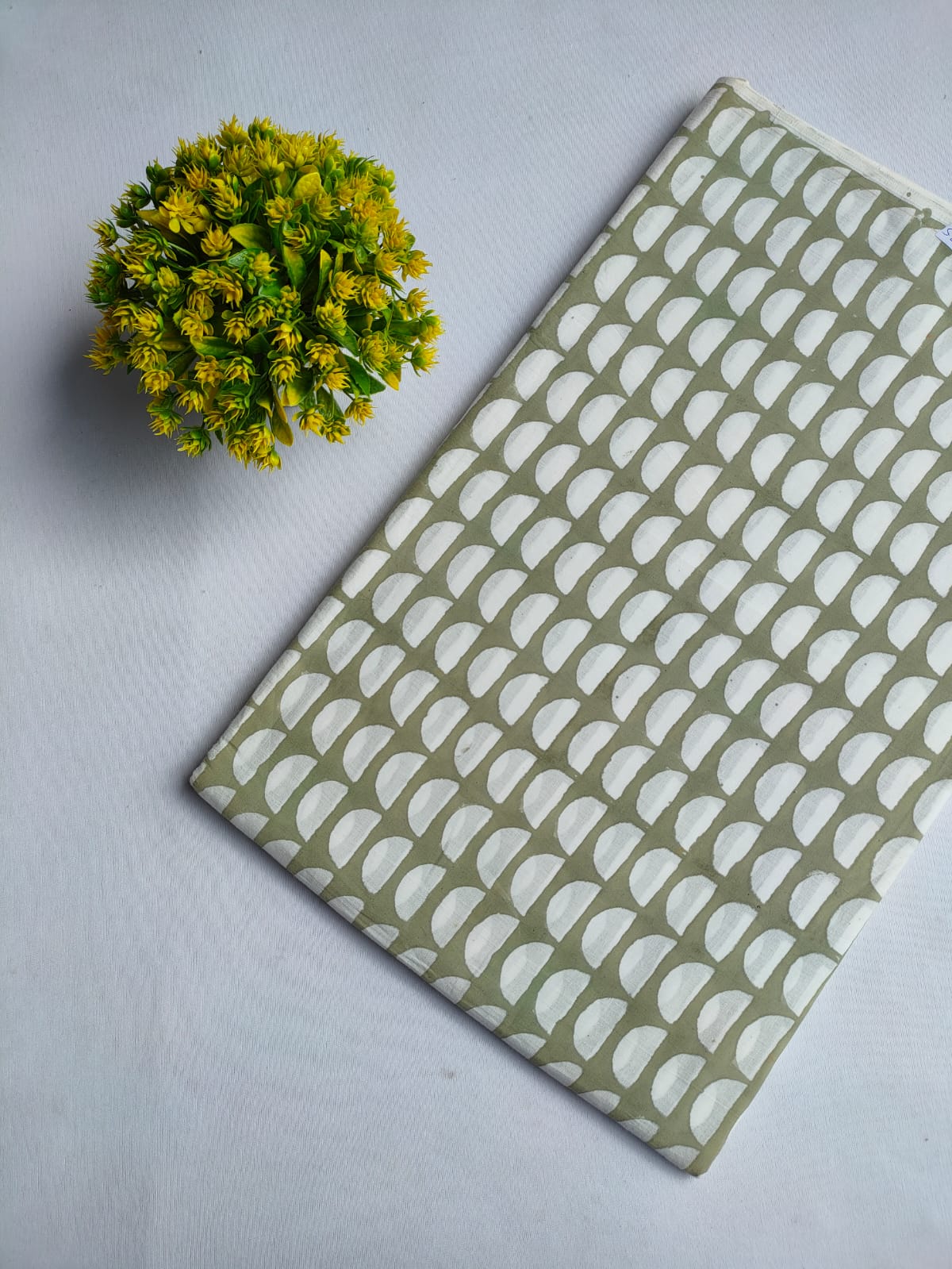Sage Green Half Circle Geometric Jaipuri Hand Block Print Pure Cotton Fabric From Tulsi Prints